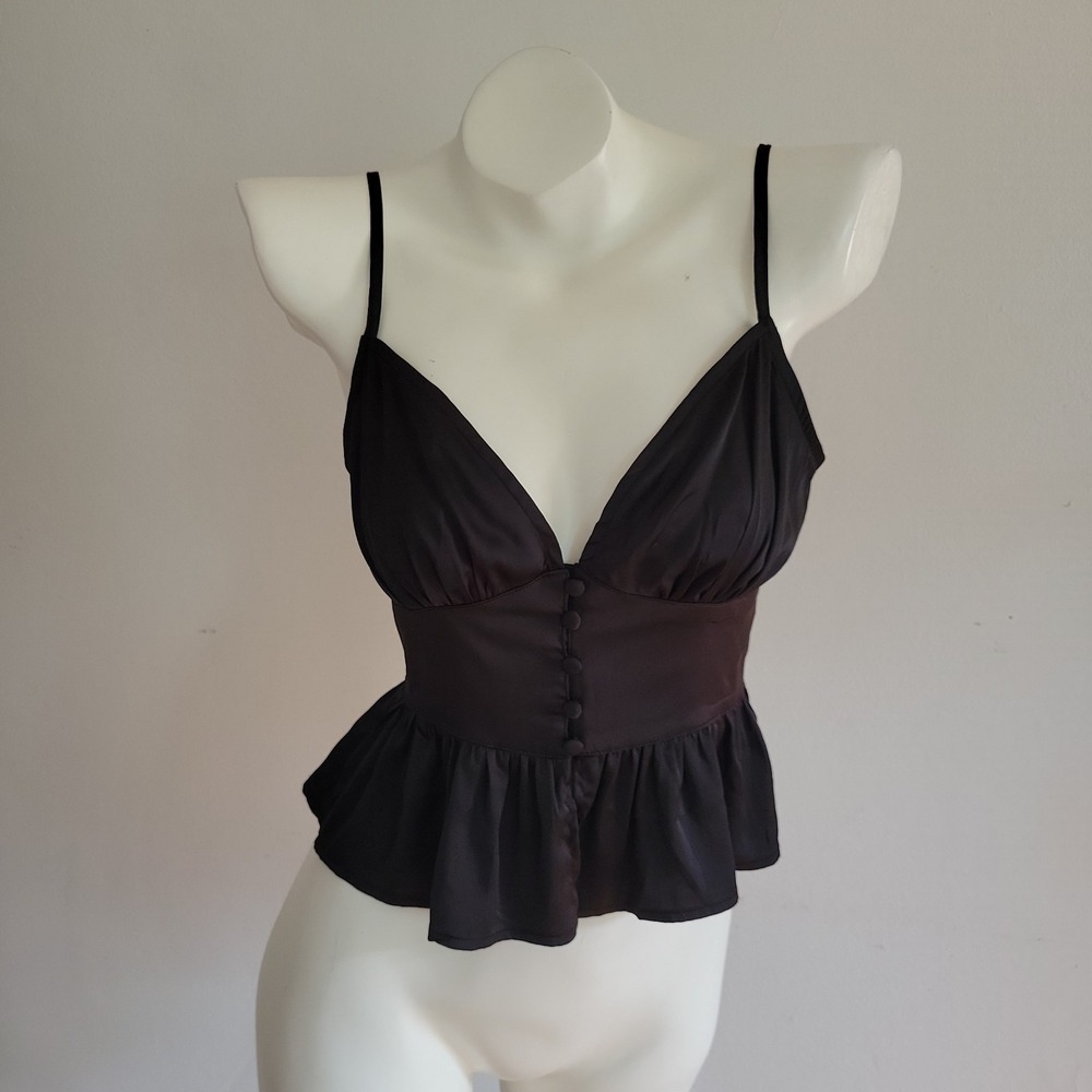 Triple‎ Seven Satin Cropped Peplum Cami Top Small Black Bustier Style Feminine